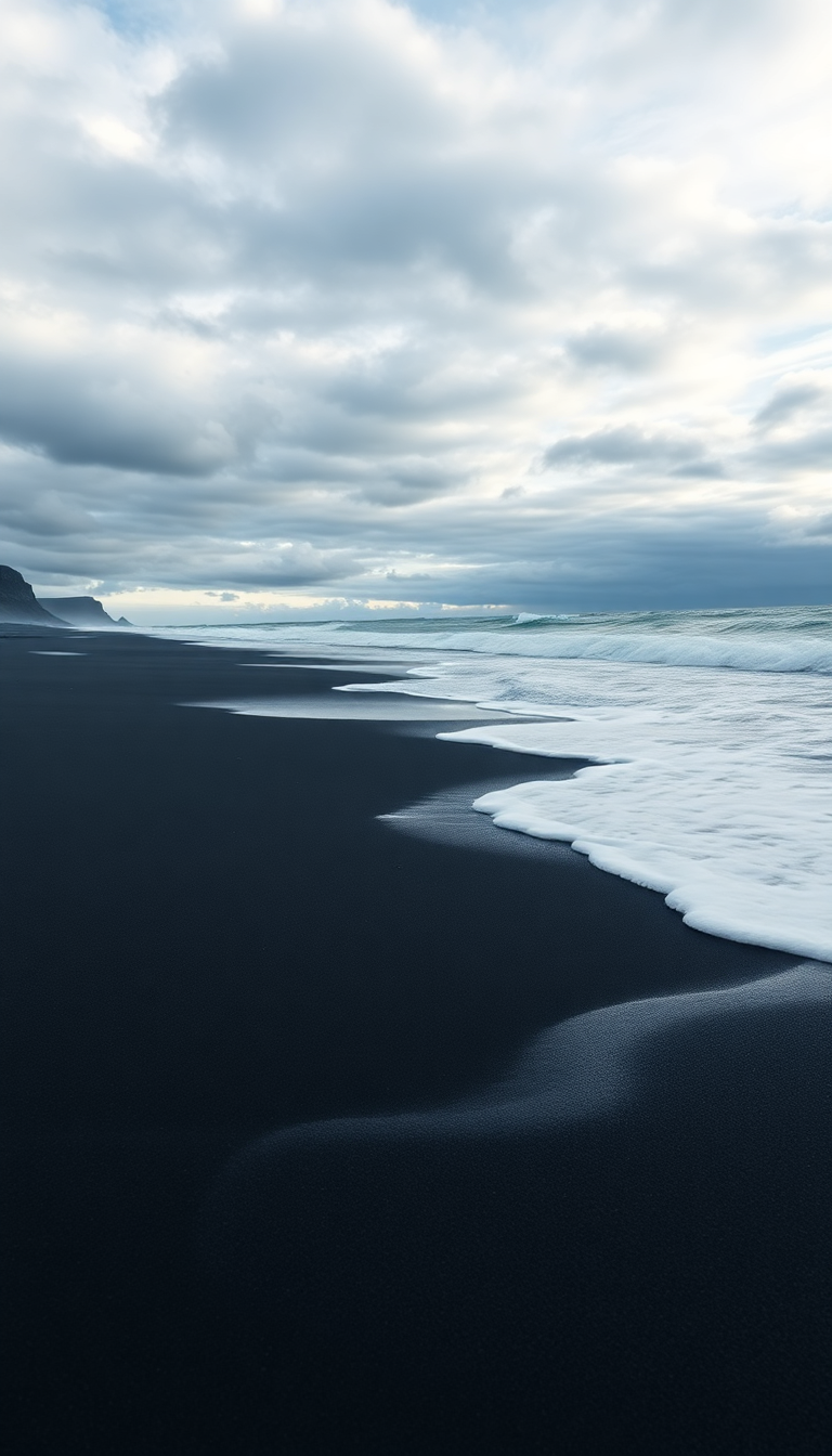 Icelandic Black Sand Beach Waves Photorealistic Wallpaper
