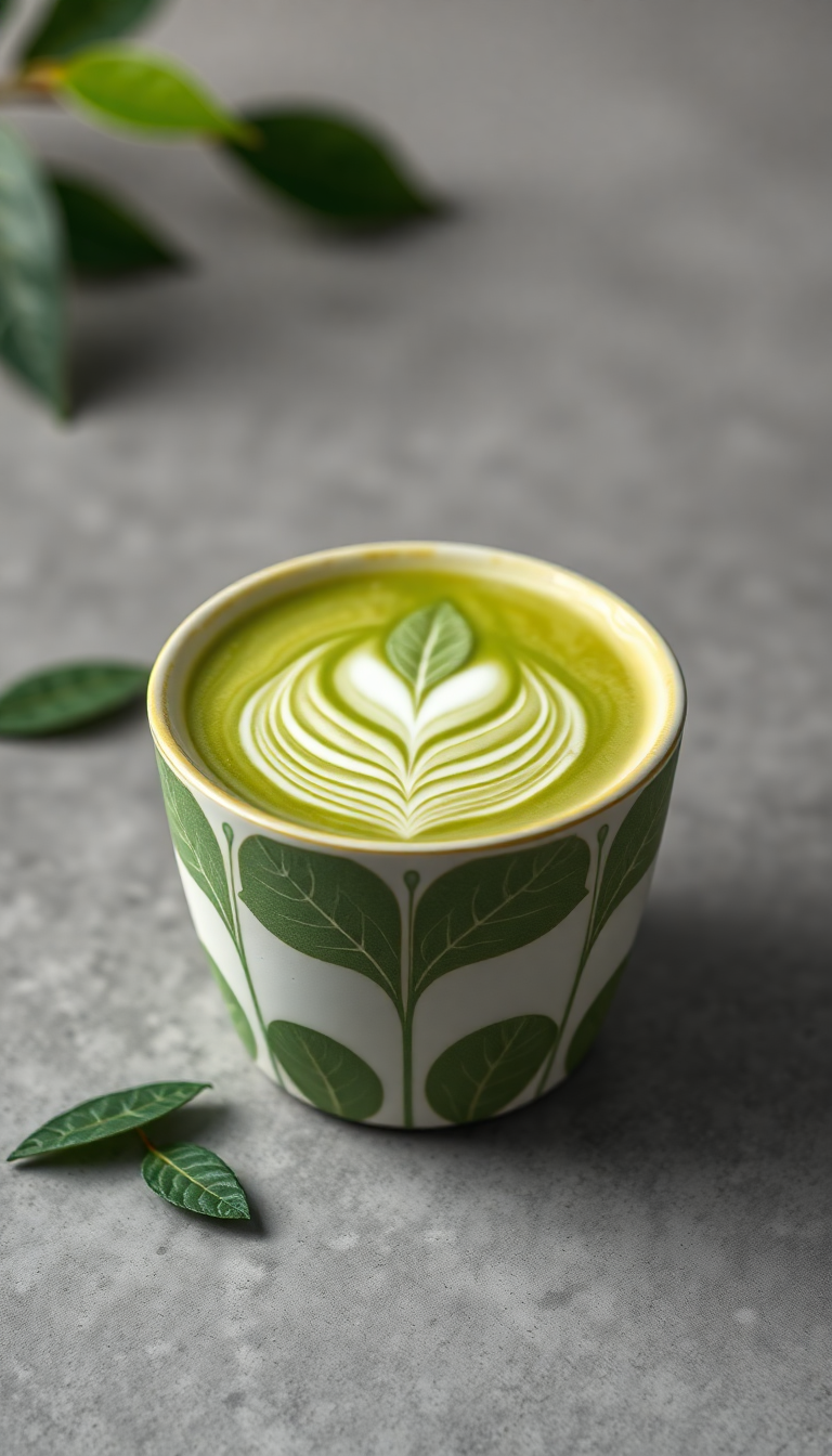 Matcha Latte Art Leaf Pattern Photorealistic Wallpaper