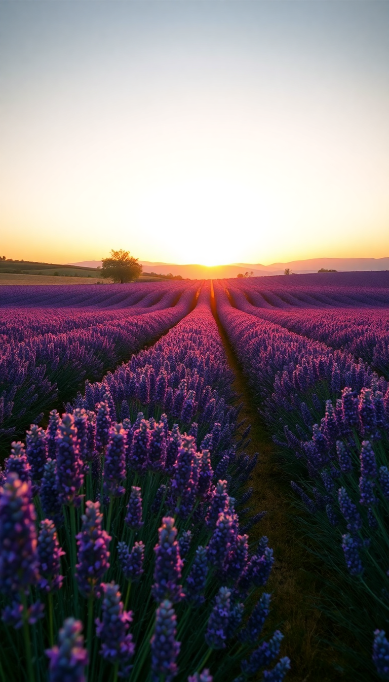 Lavender Fields Provence Sunset Golden Photorealistic Wallpaper