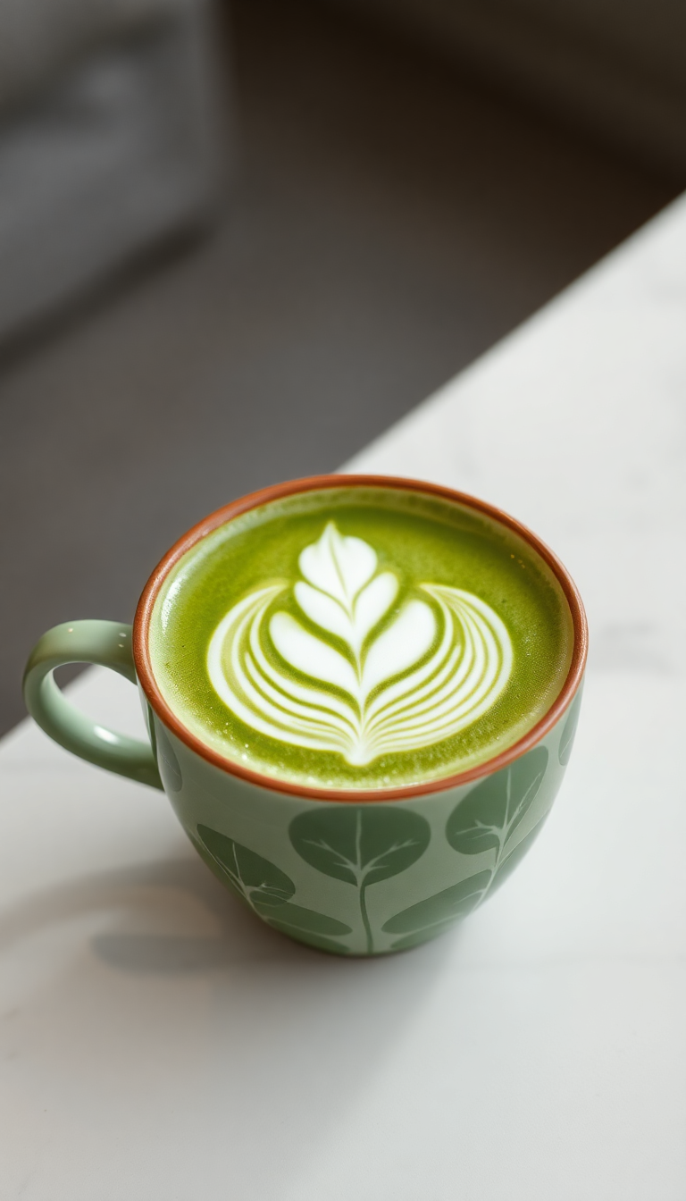 Matcha Latte Art Leaf Pattern Photorealistic Wallpaper