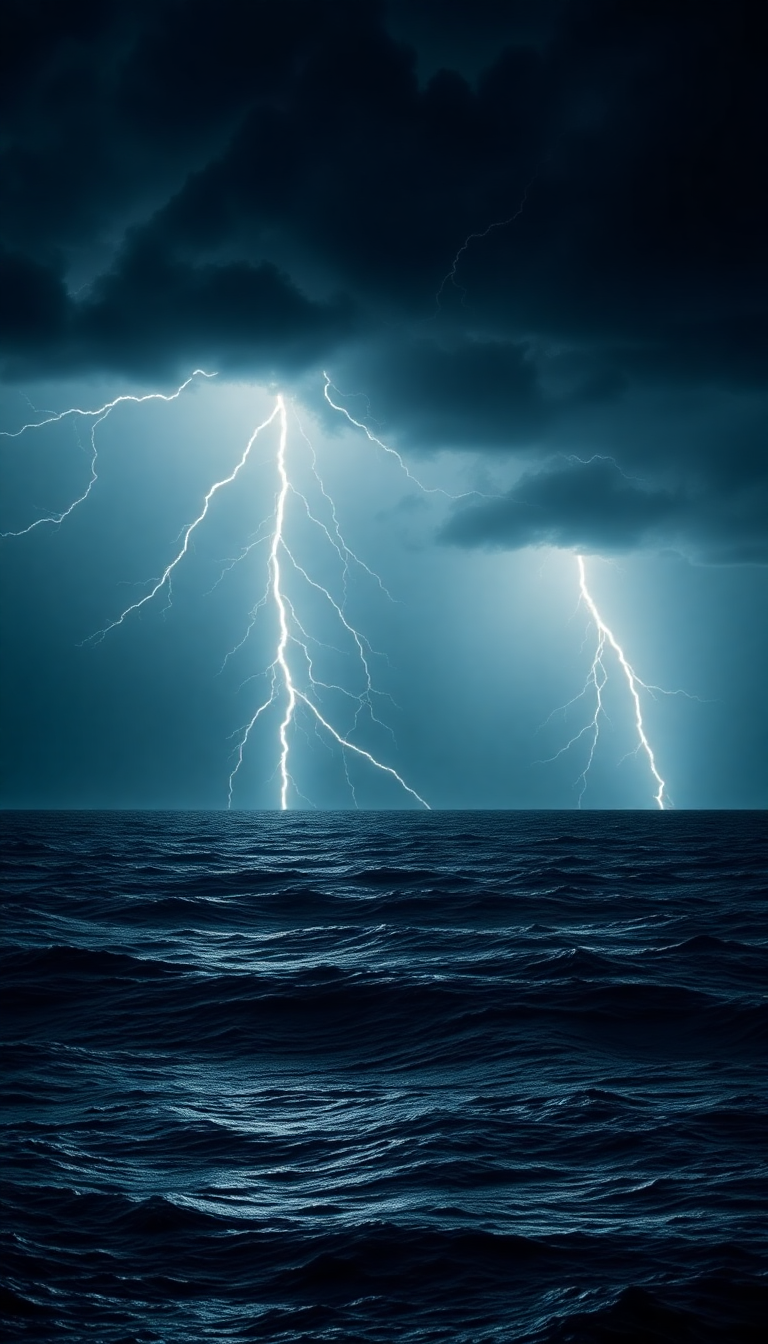 Lightning Storm Over Dark Ocean Photorealistic Wallpaper