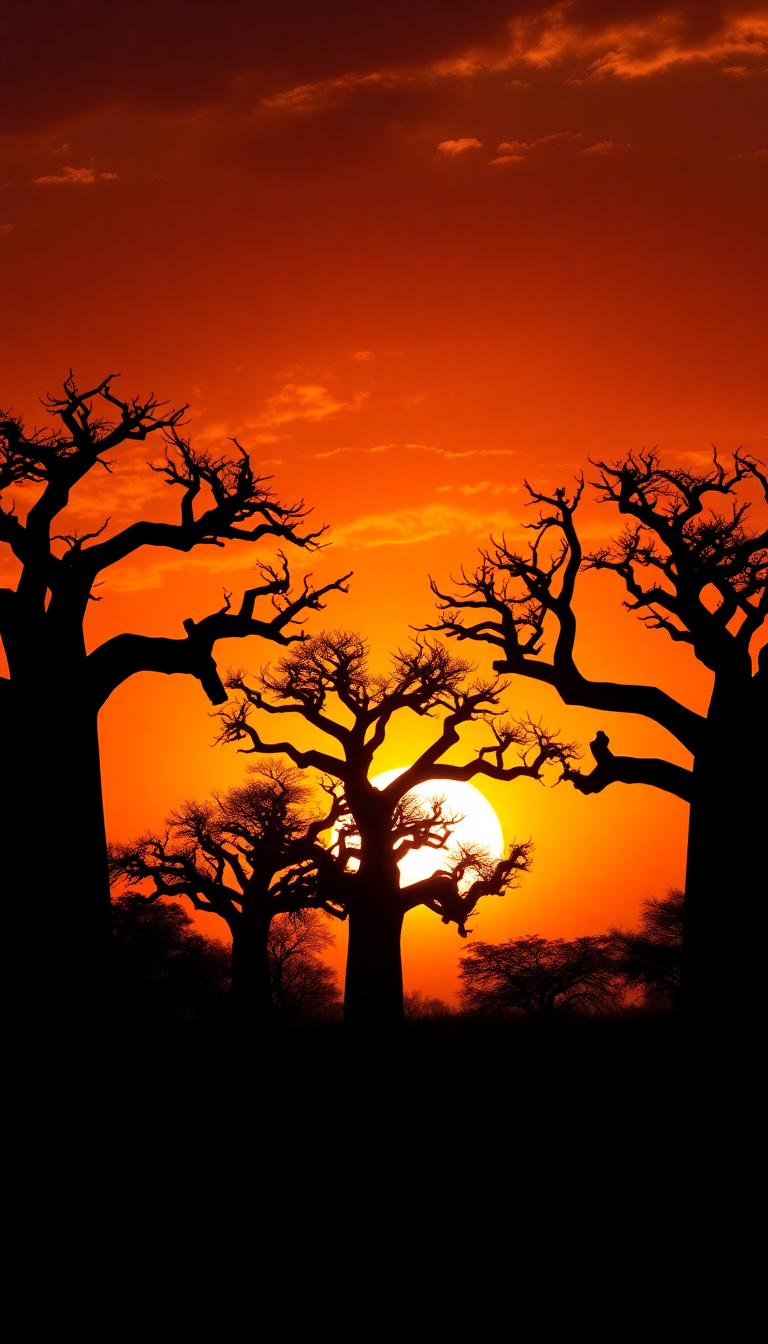 Baobab Trees Silhouette African Sunset Photorealistic Wallpaper