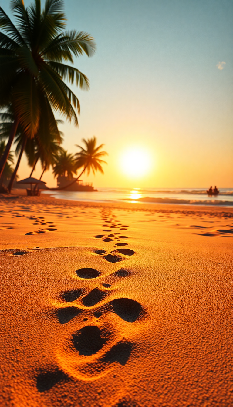 Summer Beach Golden Hour Footprints Photorealistic Wallpaper