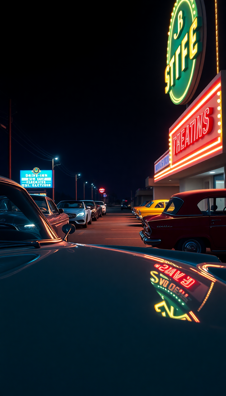 Drive-in Movie Theater Night Classic Photorealistic Wallpaper
