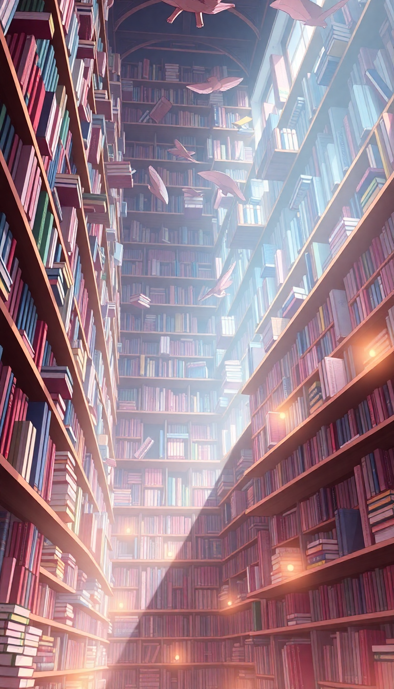 Magical Library Infinite Bookshelves Floating Anime Wallpaper