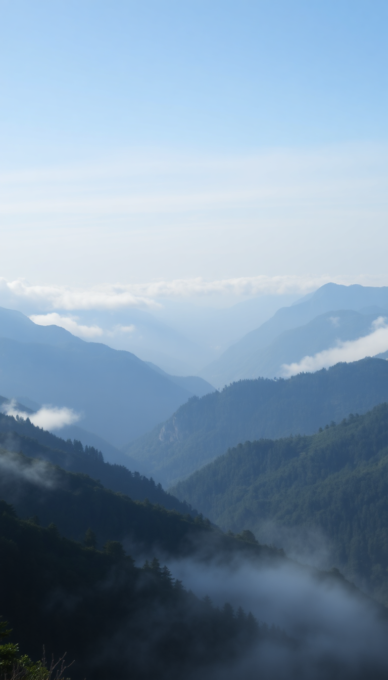 Fog Rolling Over Mountains Valley Photorealistic Wallpaper