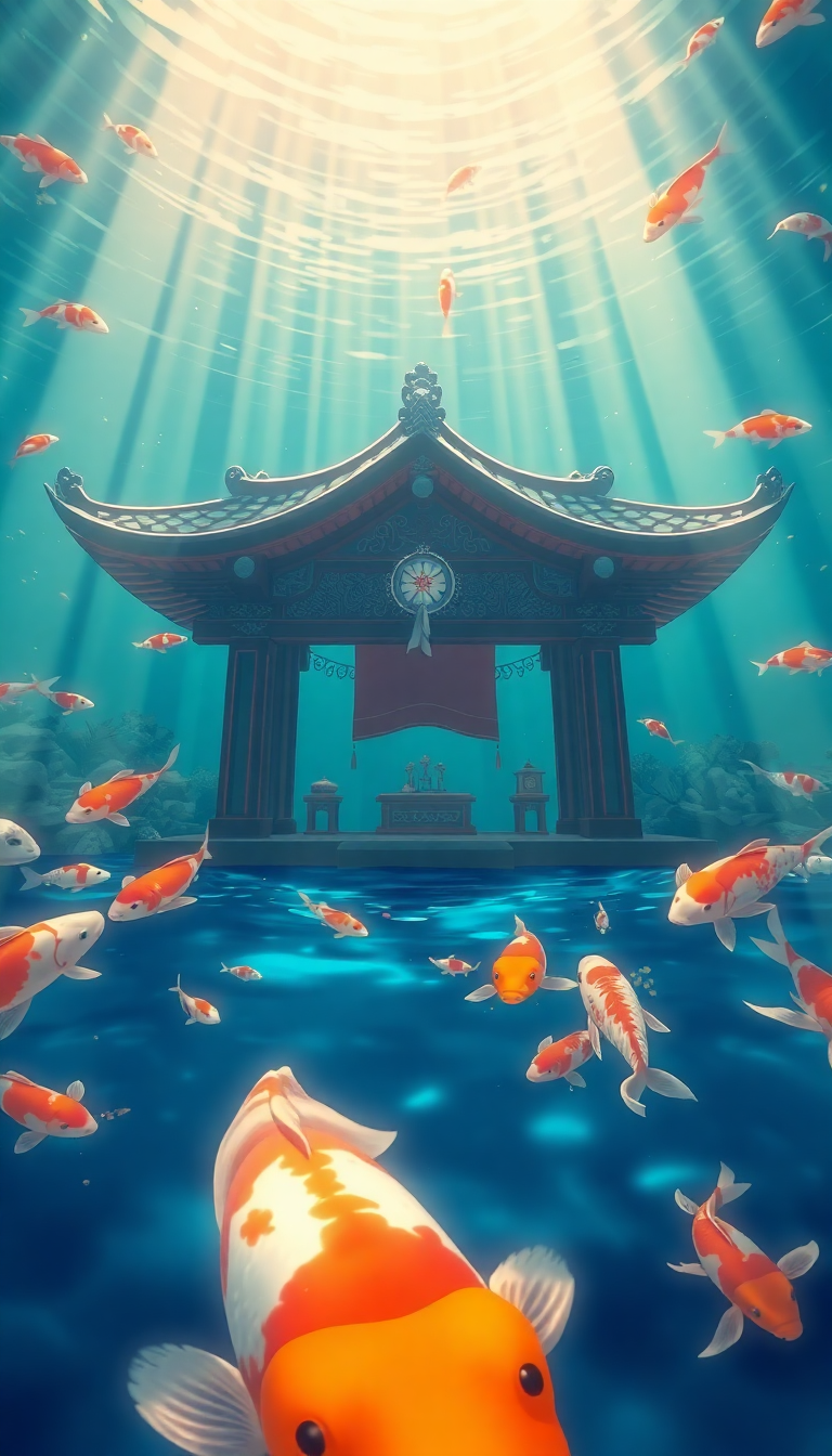 Underwater Shrine Koi Fish Swimming Anime Wallpaper