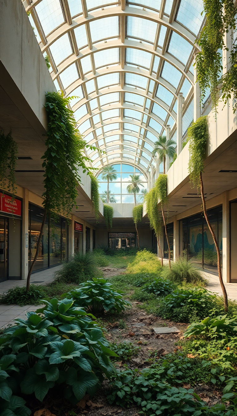 Abandoned Shopping Mall Nature Reclaiming Photorealistic Wallpaper