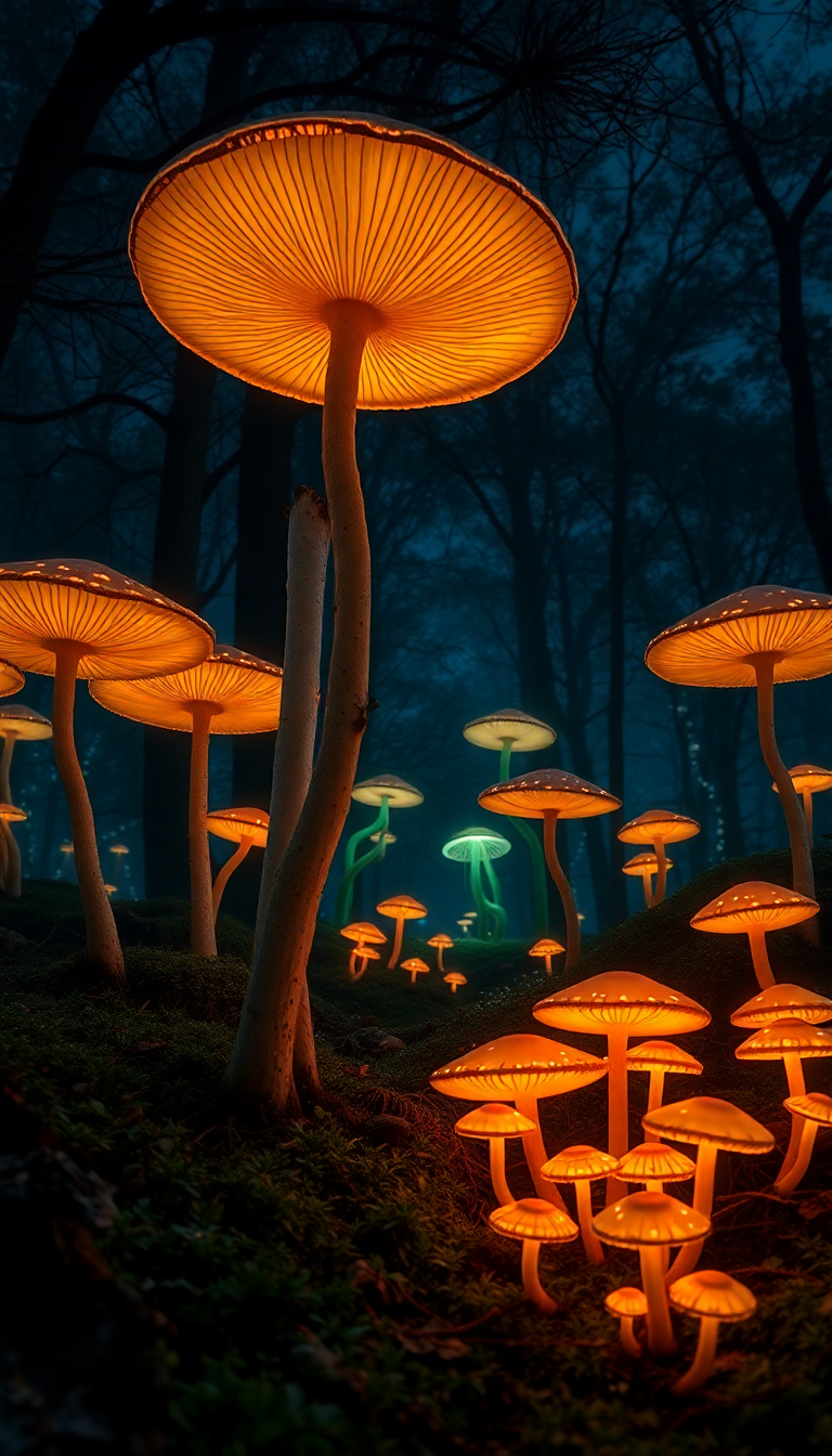 Bioluminescent Mushroom Forest At Night Photorealistic Wallpaper