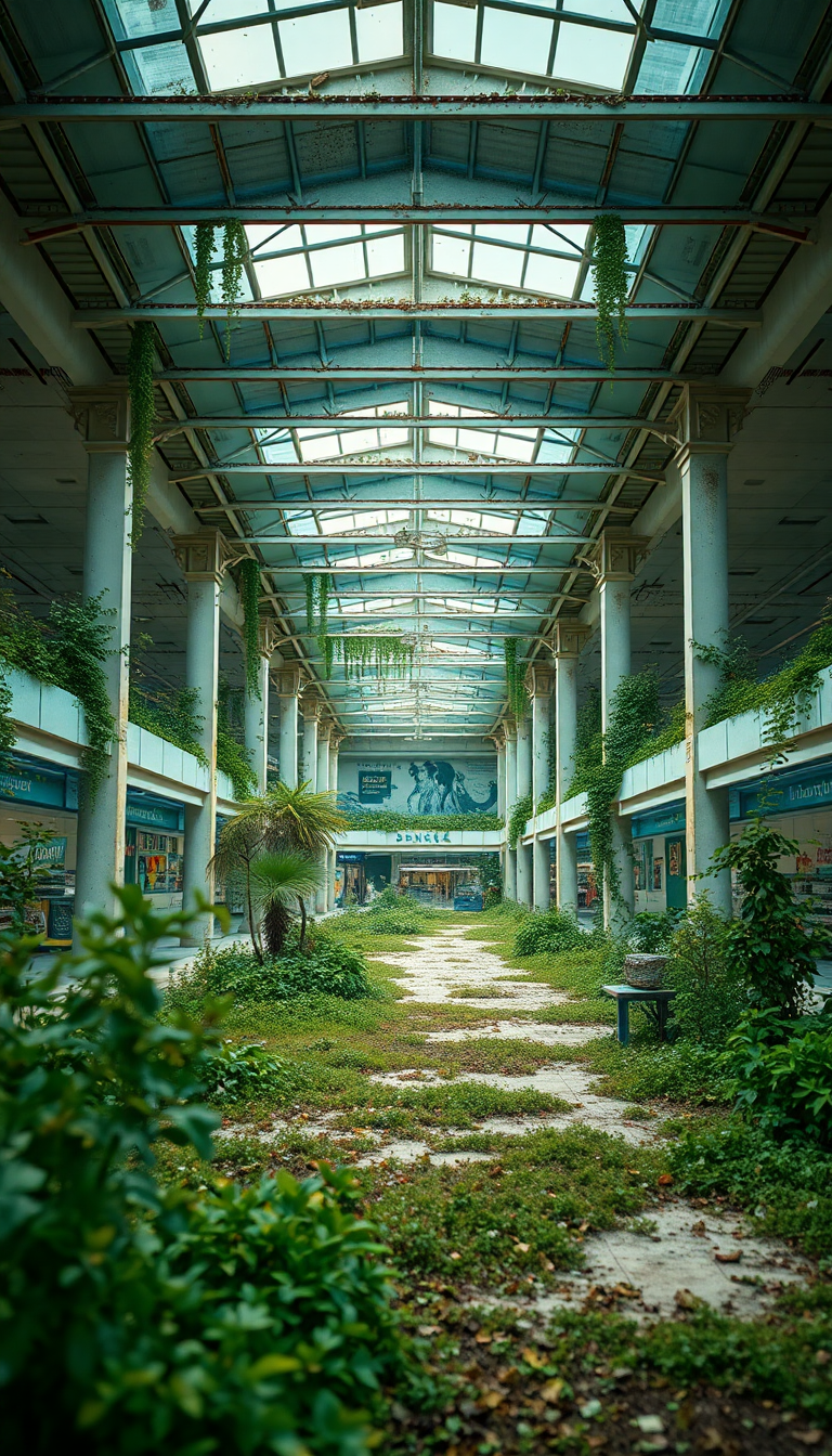 Abandoned Shopping Mall Nature Reclaiming Photorealistic Wallpaper