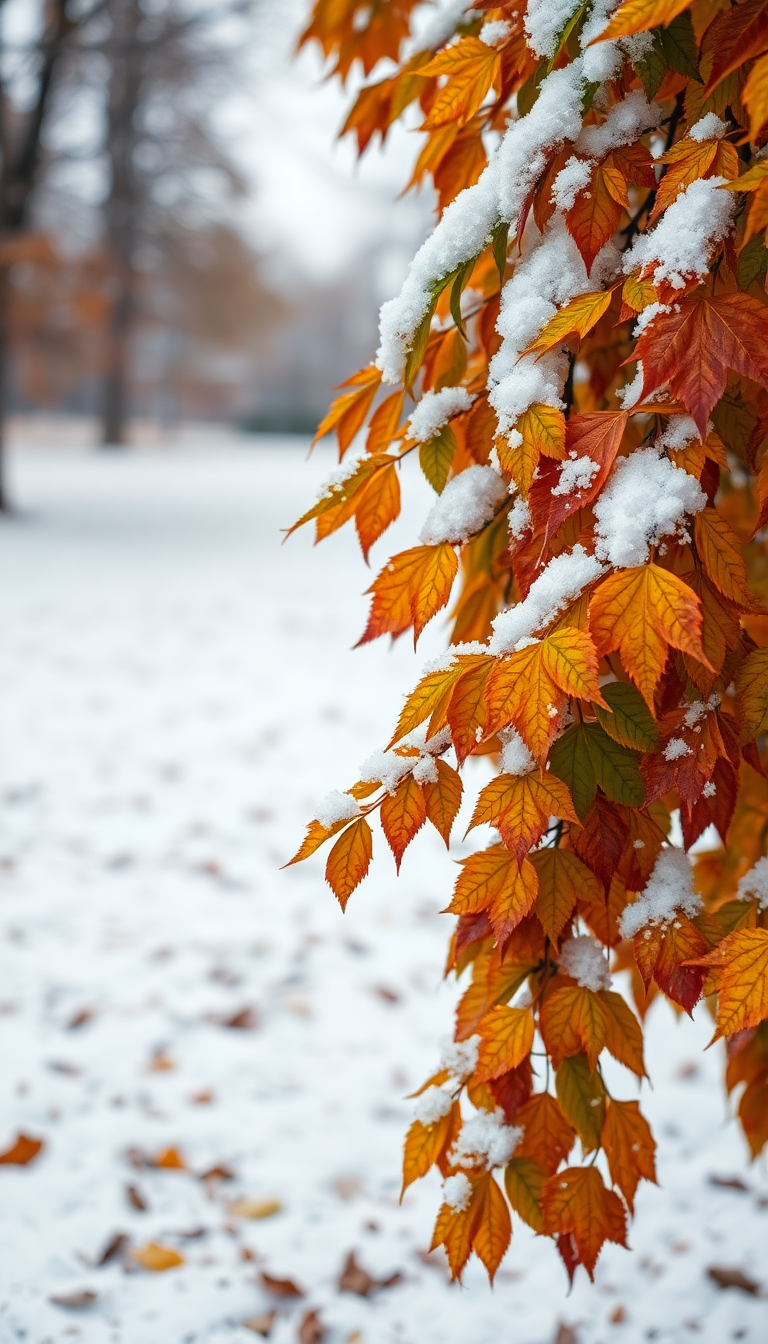 First Snow Falling On Autumn Photorealistic Wallpaper