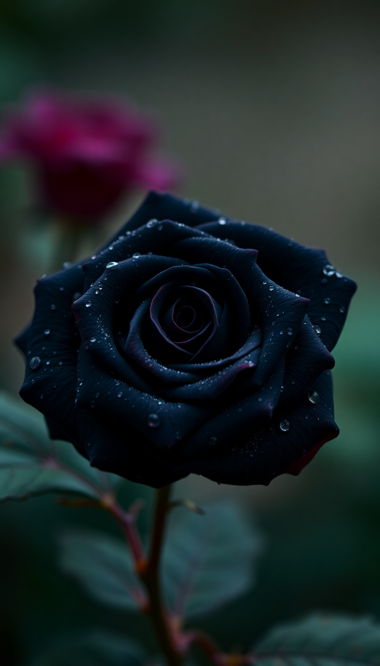 Black Rose With Water Droplets Photorealistic Wallpaper