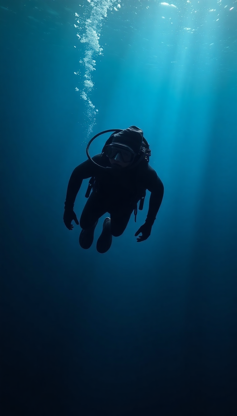 Freediver Descending Into Deep Blue Photorealistic Wallpaper