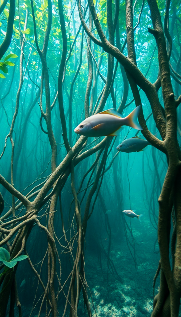 Mangrove Forest Roots Underwater Fish Photorealistic Wallpaper