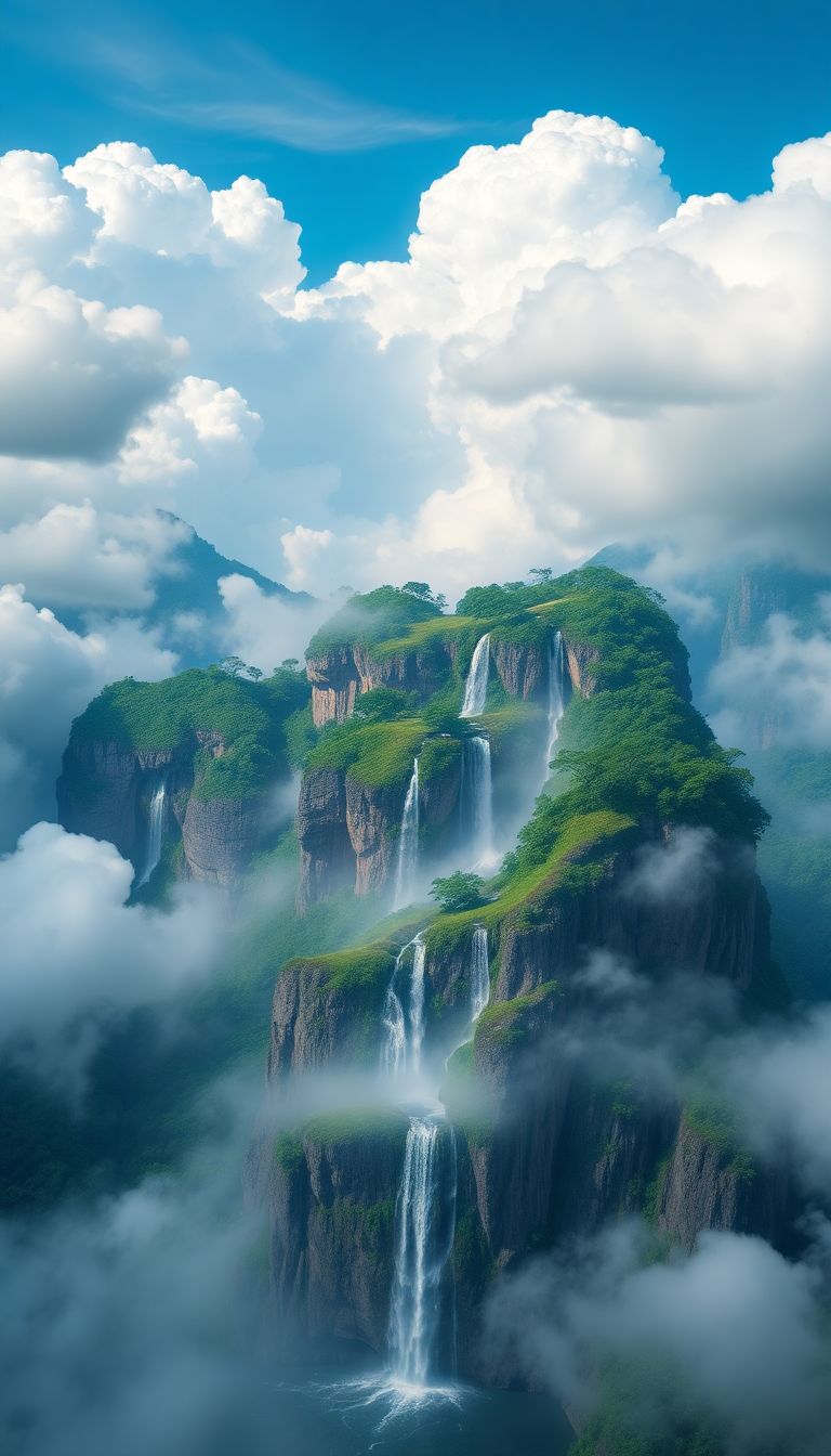 Floating Islands Waterfalls Flowing Into Digital art Wallpaper
