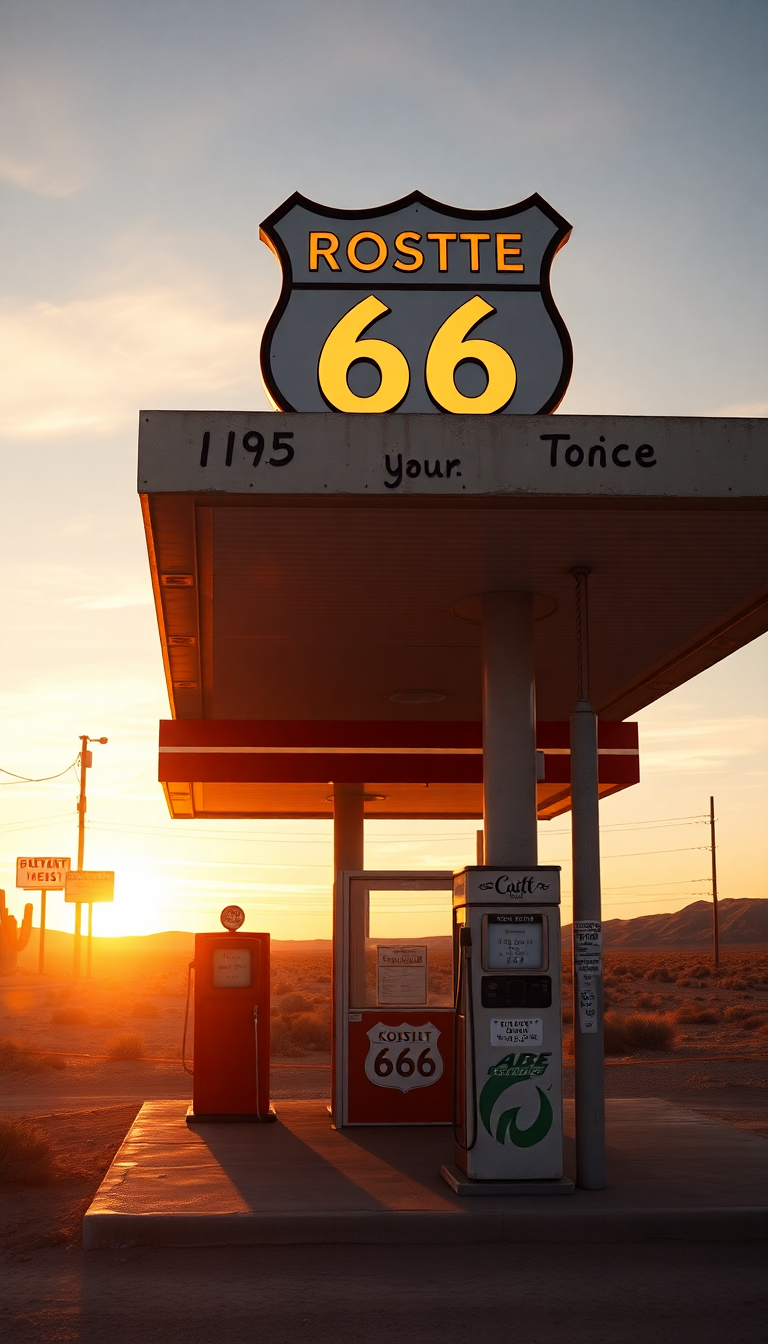 Old Gas Station Desert Route Photorealistic Wallpaper