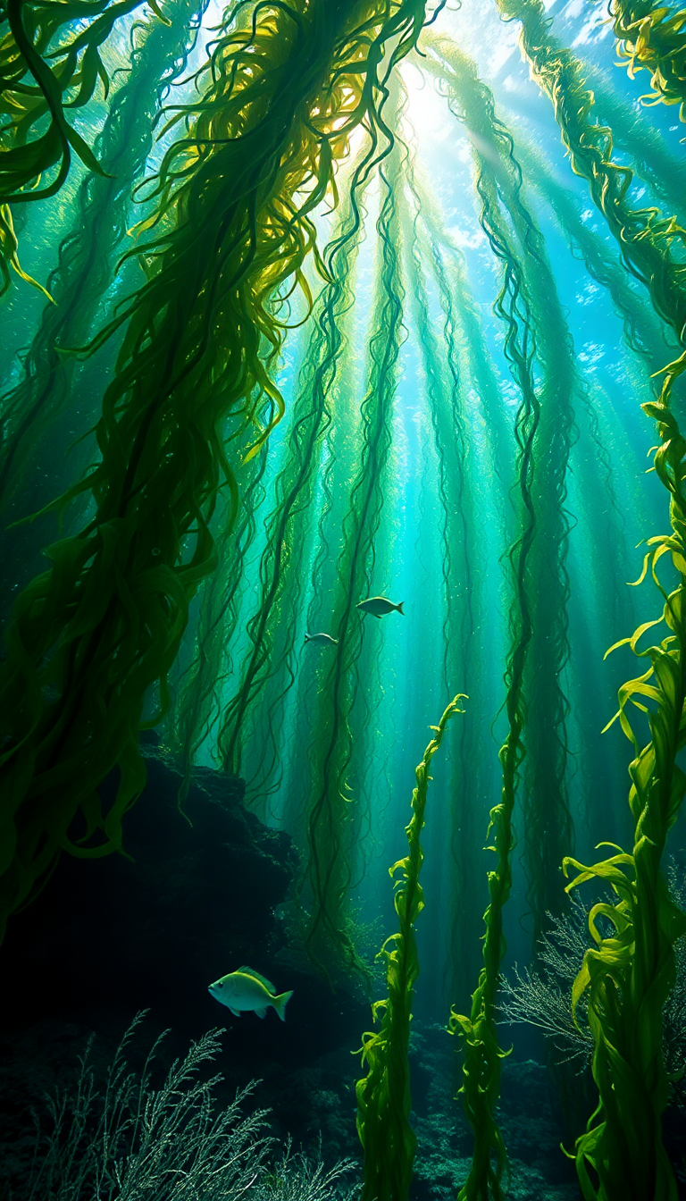 Underwater Forest Kelp Swaying Fish Photorealistic Wallpaper