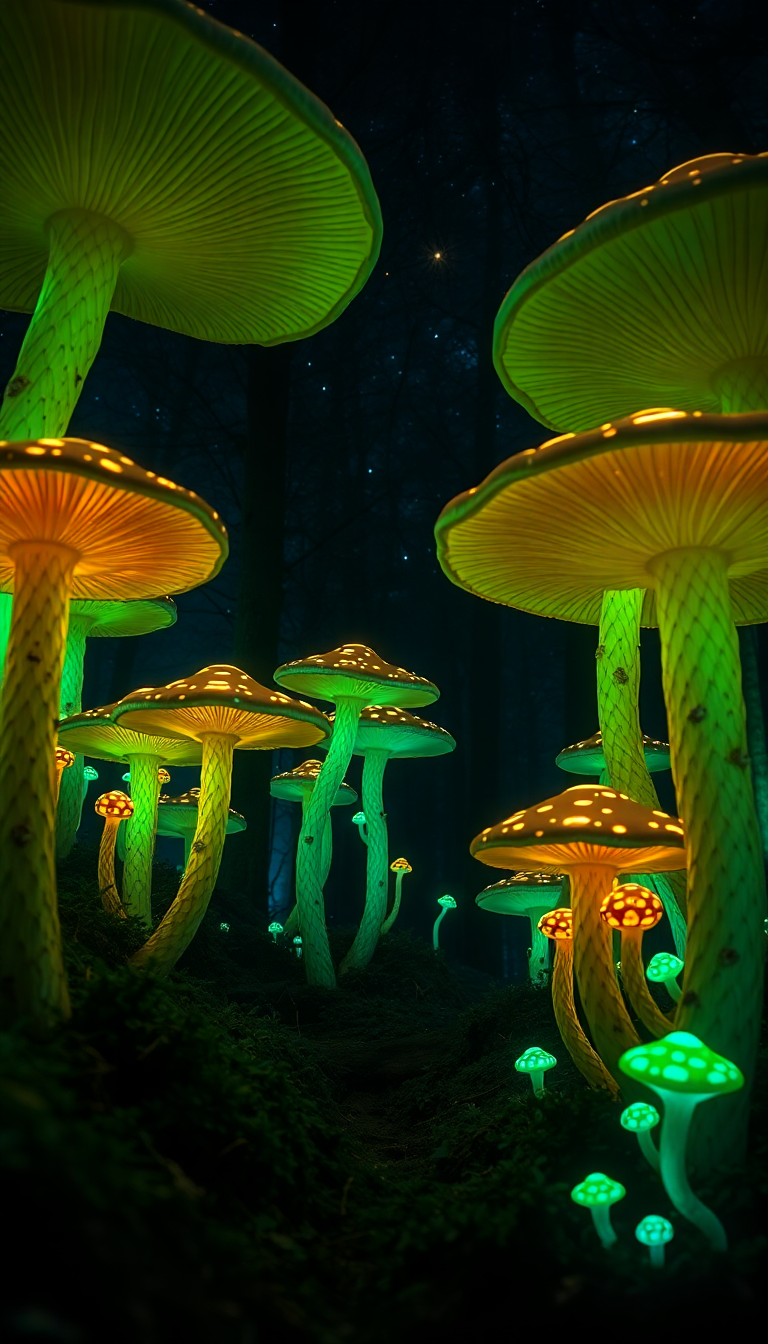 Bioluminescent Mushroom Forest At Night Photorealistic Wallpaper