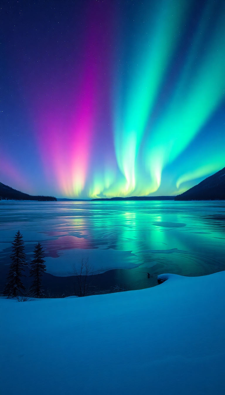 Winter Northern Lights Over Frozen Photorealistic Wallpaper