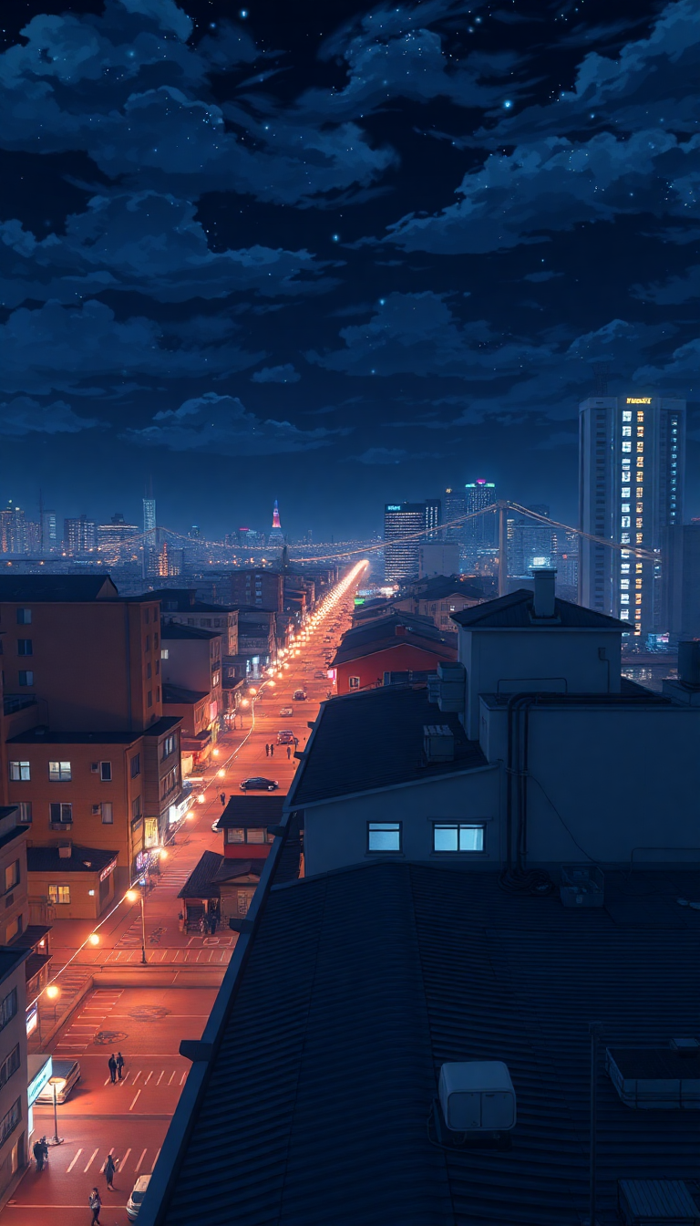 Rooftop At Night City Lights Anime Wallpaper