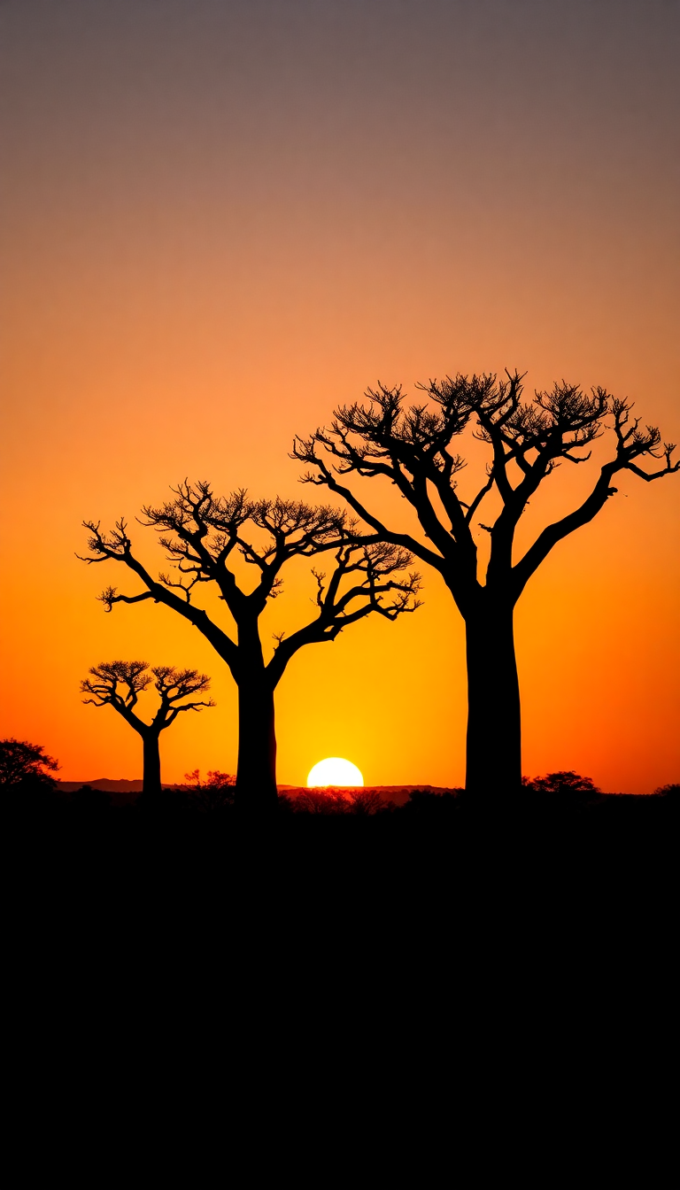 Baobab Trees Silhouette African Sunset Photorealistic Wallpaper