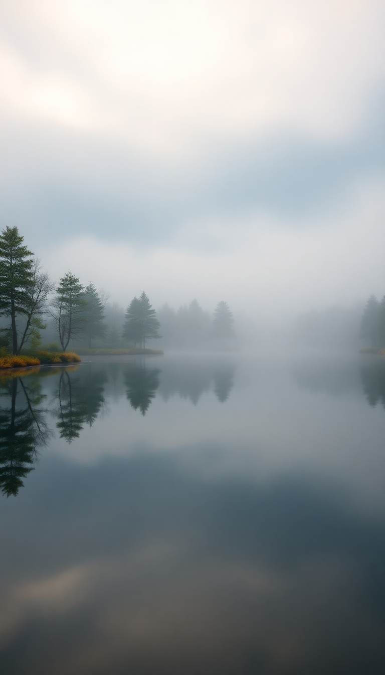 Morning Mist Over Still Lake Photorealistic Wallpaper