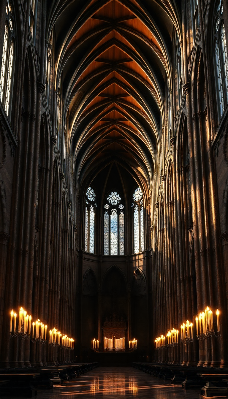 Gothic Cathedral Interior Candlelight Shadows Photorealistic Wallpaper