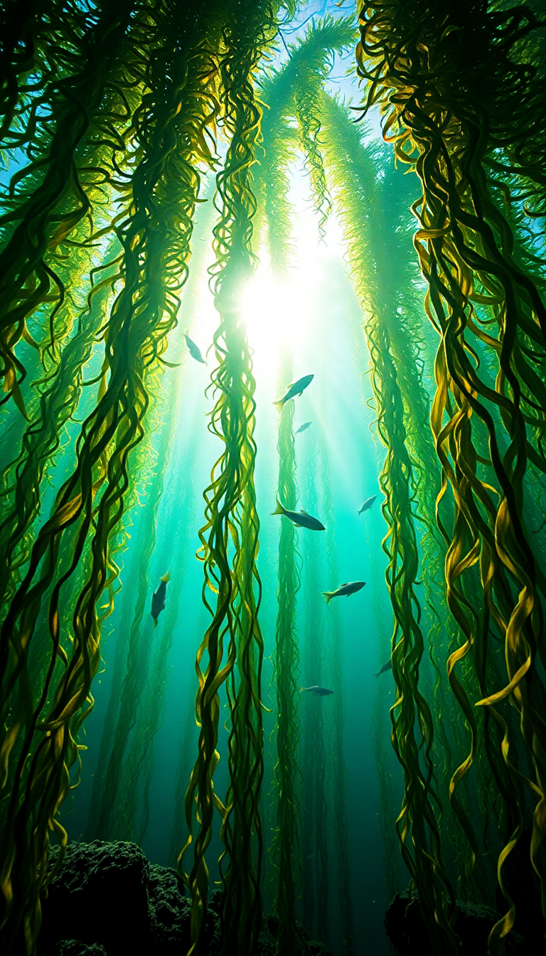 Underwater Forest Kelp Swaying Fish Photorealistic Wallpaper