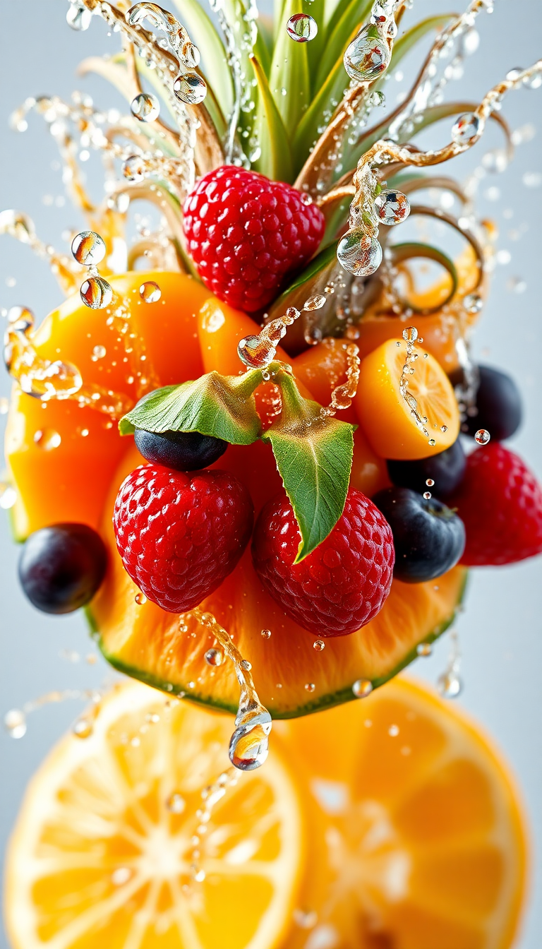 Tropical Fruit Splash Water Droplets Photorealistic Wallpaper