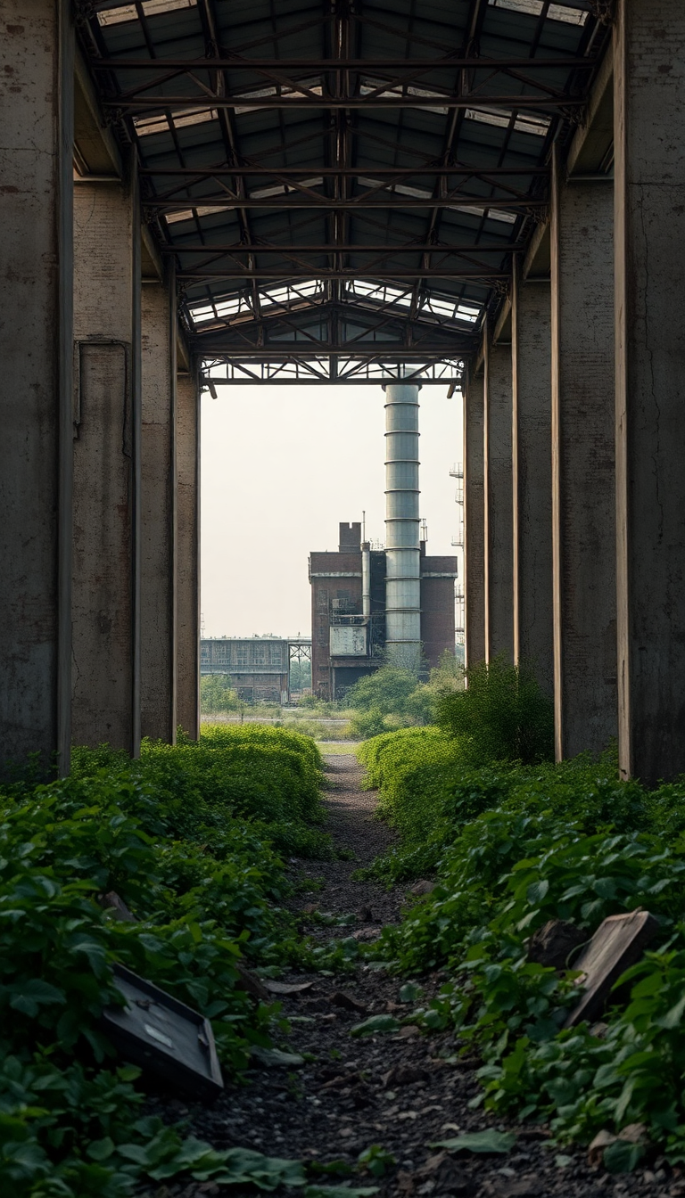Abandoned Factory Nature Reclaiming Industrial Photorealistic Wallpaper