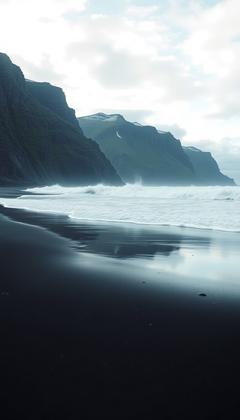 Icelandic Black Sand Beach Waves Photorealistic Wallpaper
