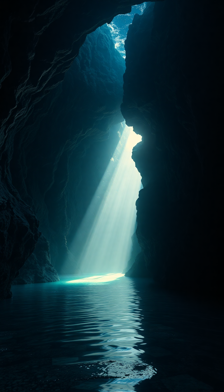 Underwater Cave Entrance Light Streaming Photorealistic Wallpaper