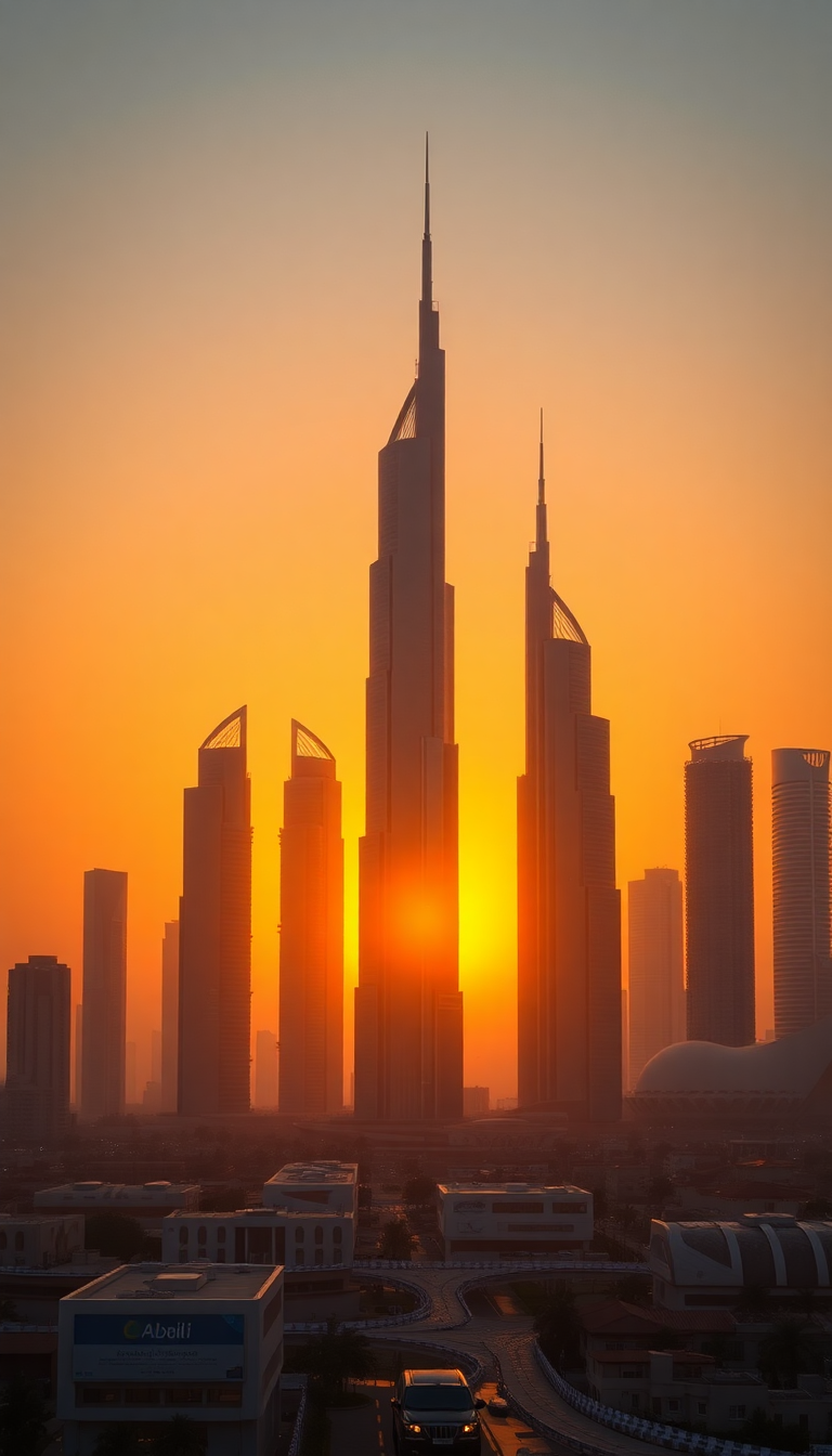 Dubai Skyline Futuristic Towers Sunset Photorealistic Wallpaper