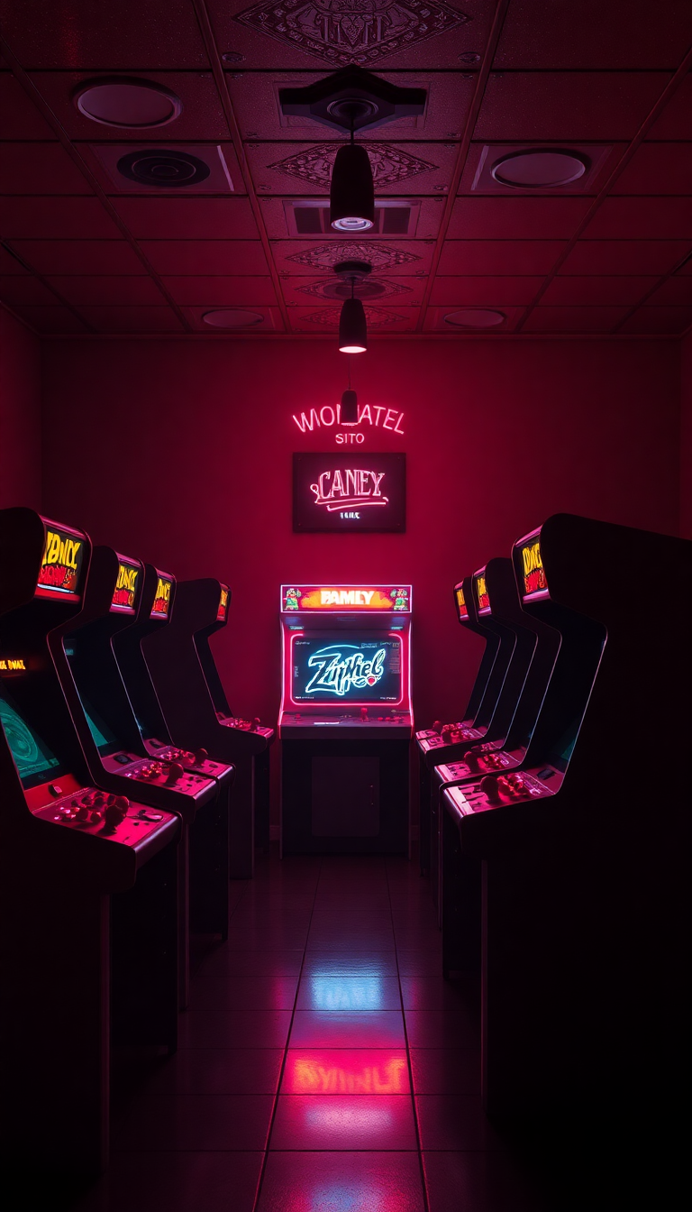 Old Arcade Machines Dark Room Photorealistic Wallpaper