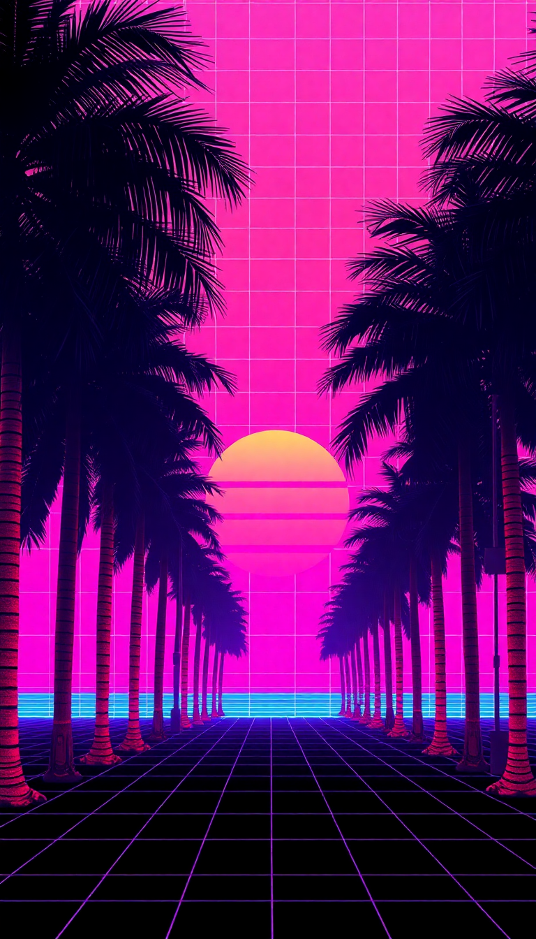 80s Synthwave Grid Sunset Palm Digital art Wallpaper