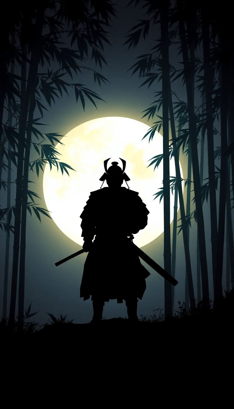 Samurai Silhouette Moonlit Bamboo Forest Digital art Wallpaper