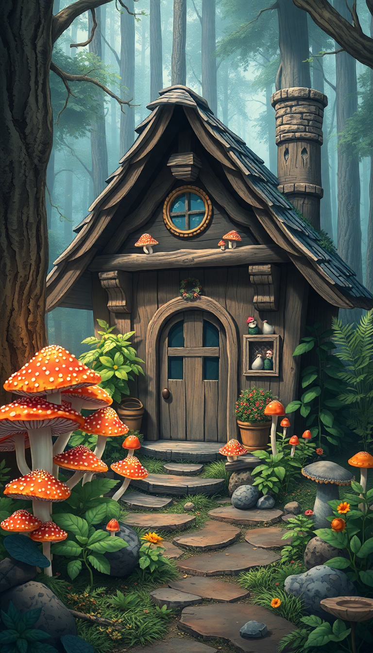 Witch Cottage Forest Mushrooms Magical Herbs Anime 4K Wallpaper