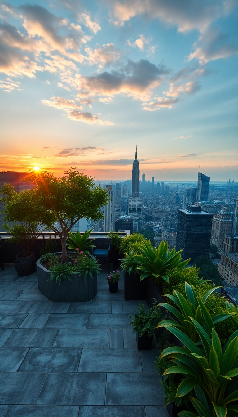 Rooftop Garden Oasis Above City Photorealistic Wallpaper