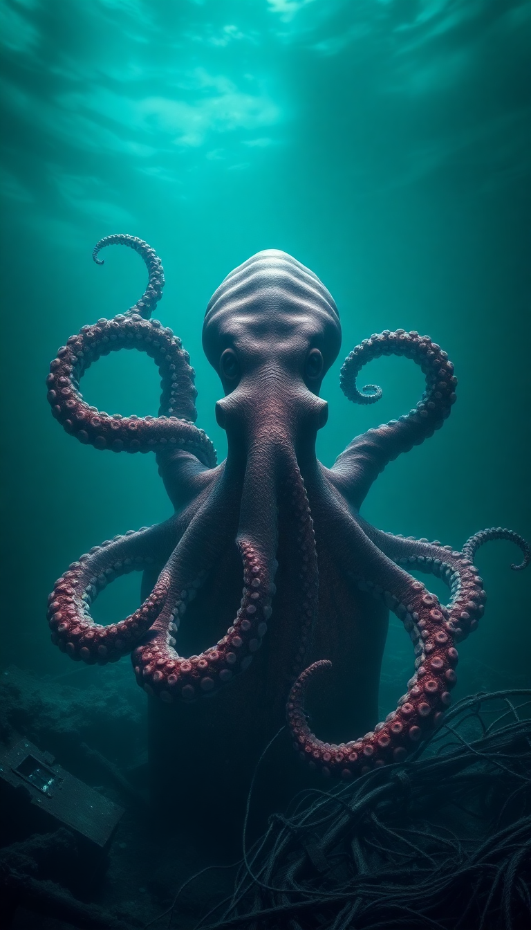 Giant Octopus Shipwreck Deep Ocean Digital art Wallpaper