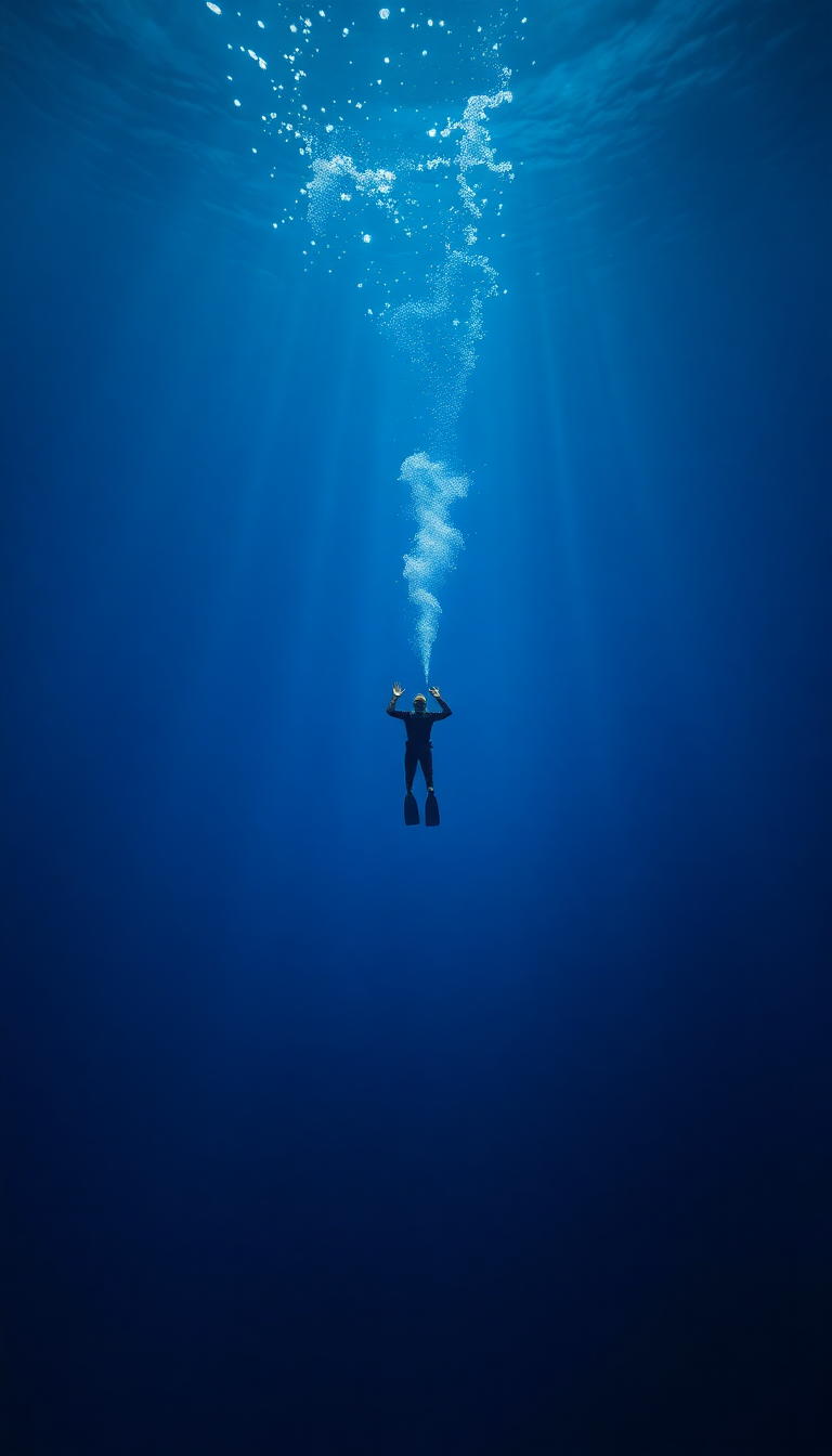 Freediver Descending Into Deep Blue Photorealistic Wallpaper