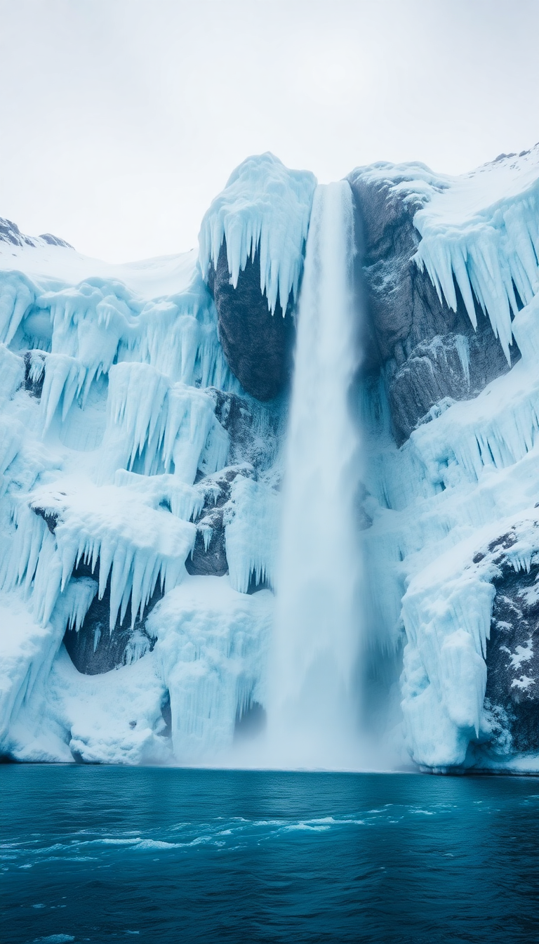 Frozen Waterfall Ice Formations Winter Photorealistic Wallpaper
