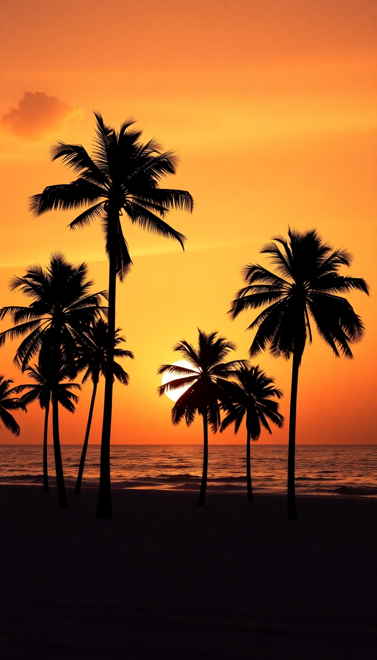 Summer Sunset Beach Silhouette Palm Photorealistic Wallpaper