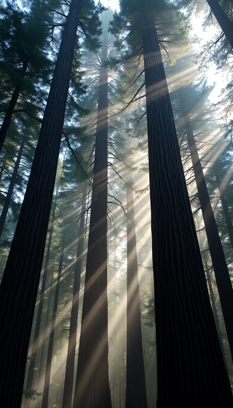 Giant Redwood Trees Morning Fog Photorealistic Wallpaper