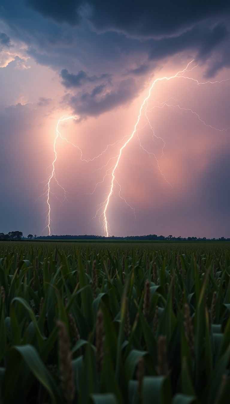 Summer Thunderstorm Lightning Over Cornfield Photorealistic Wallpaper