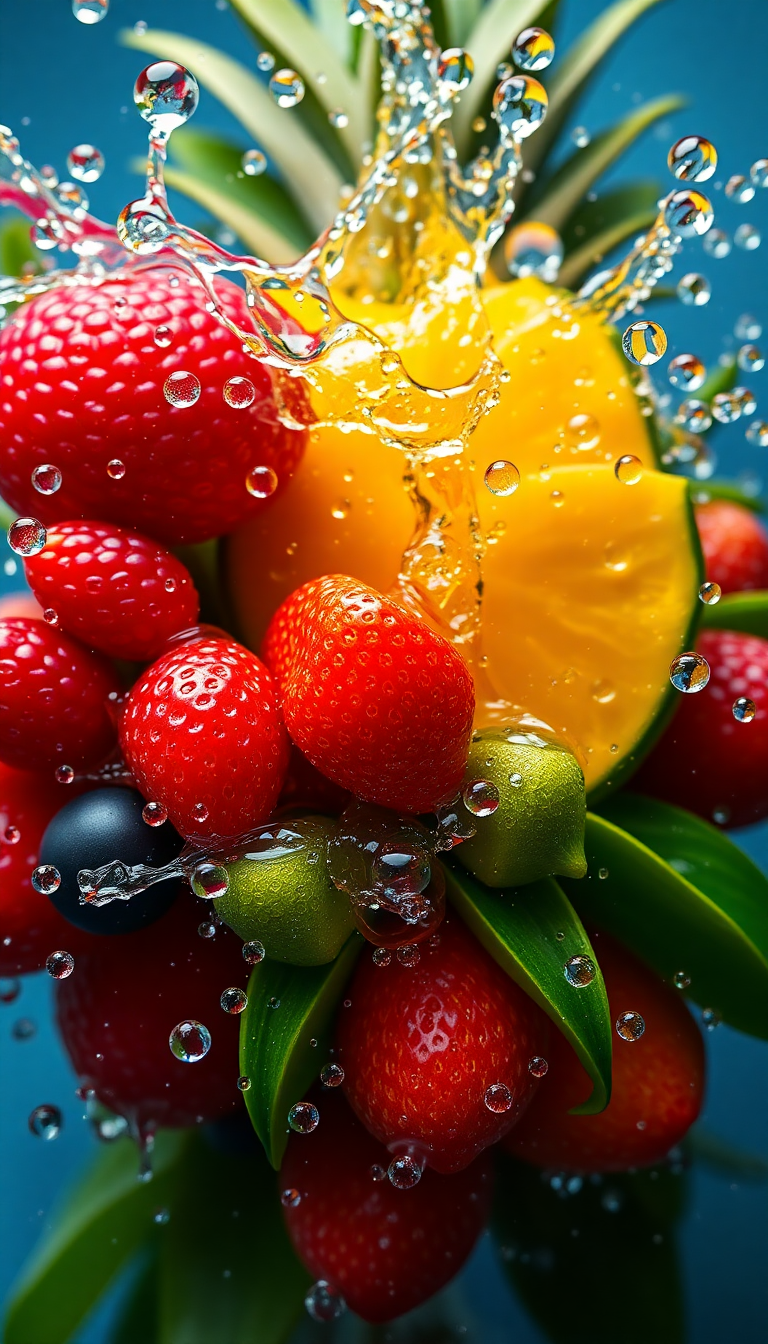 Tropical Fruit Splash Water Droplets Photorealistic Wallpaper