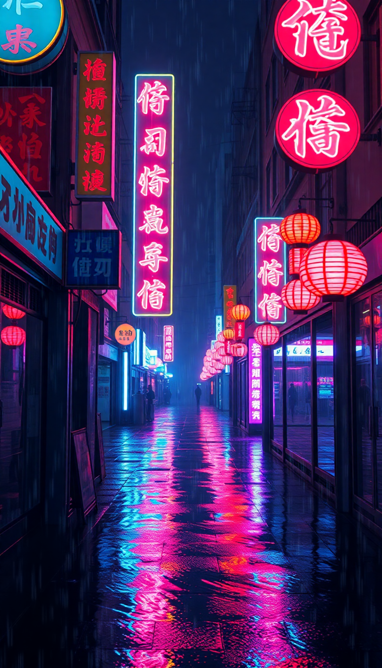 Neon Signs Chinese Characters Rain Digital art Wallpaper