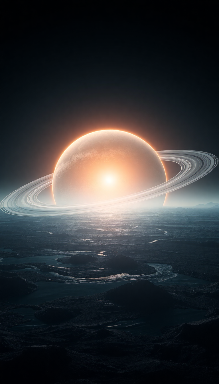 Massive Ringed Planet Rising Over Photorealistic Wallpaper