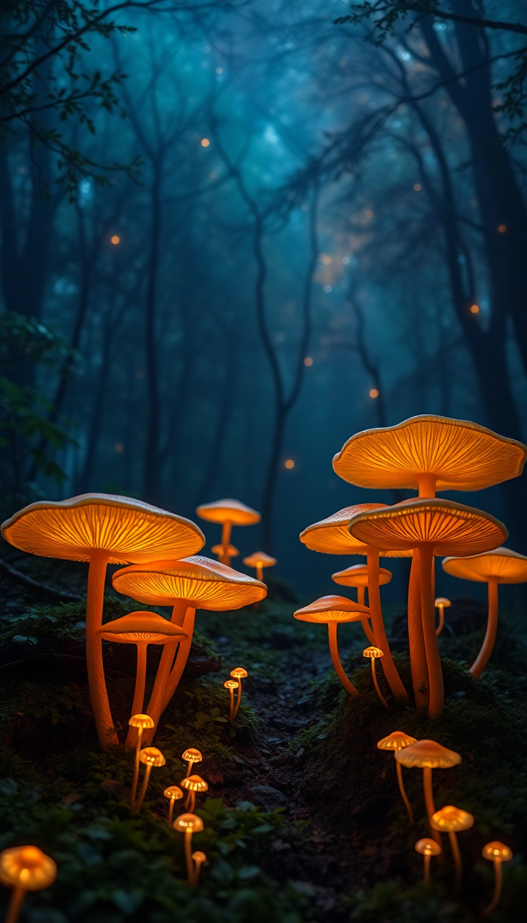 Bioluminescent Mushroom Forest At Night Photorealistic Wallpaper