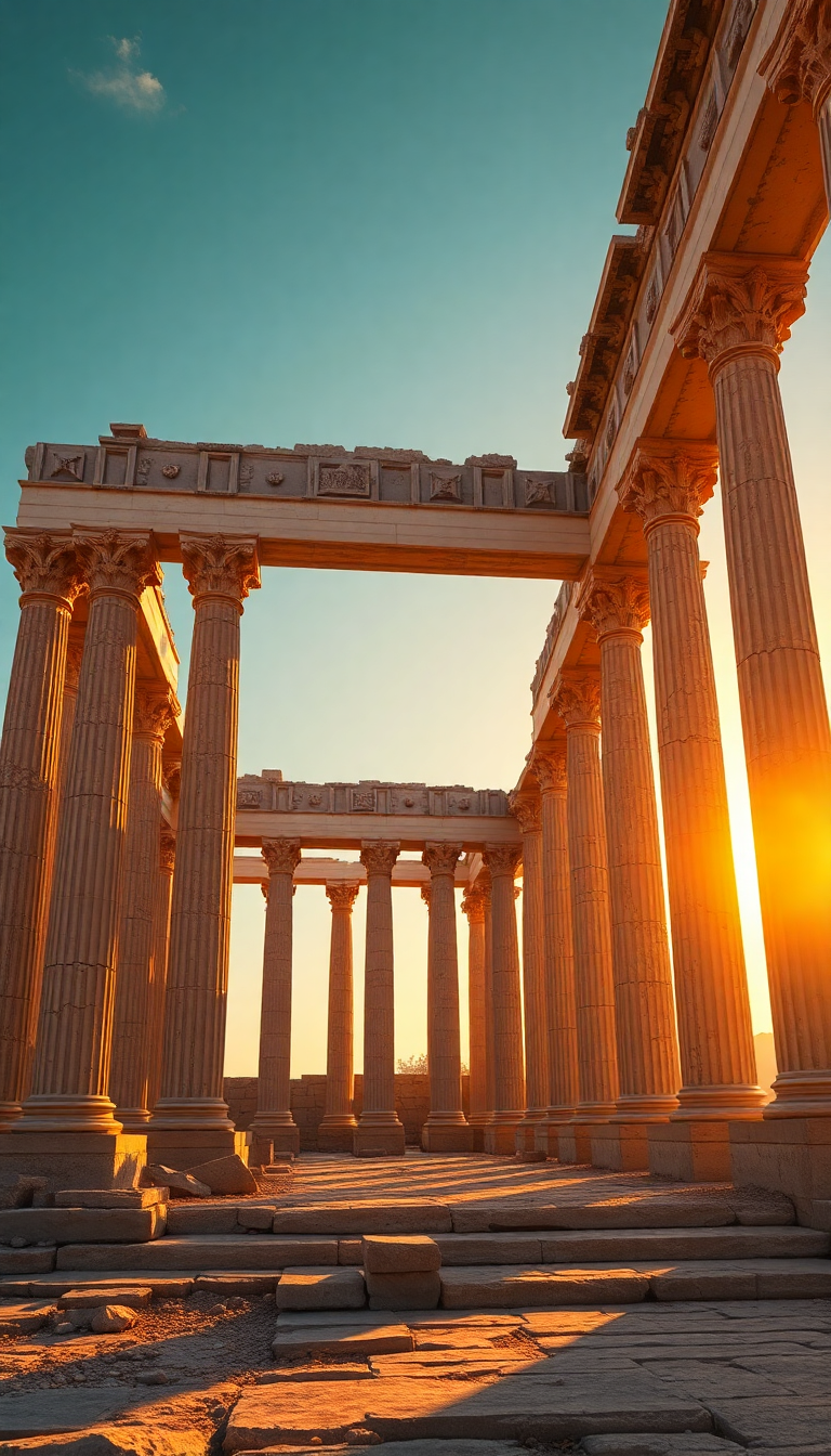 Ancient Greek Temple Ruins Golden Photorealistic Wallpaper