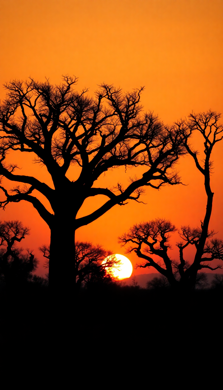 Baobab Trees Silhouette African Sunset Photorealistic Wallpaper